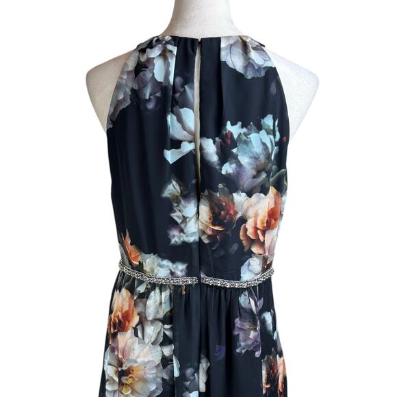 SLNY Black Floral Halter Top Sleeveless Belted Lined Zip Up Maxi Dress Pockets - Picture 5 of 11